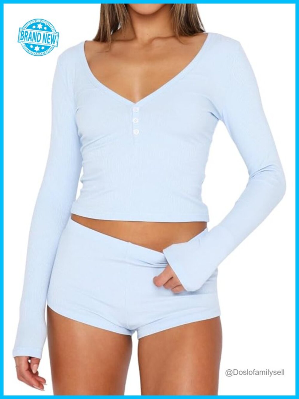 Women's Sexy V-Neck 2-Piece Pajama Set Long Sleeve Button Top & Shorts Nightwear